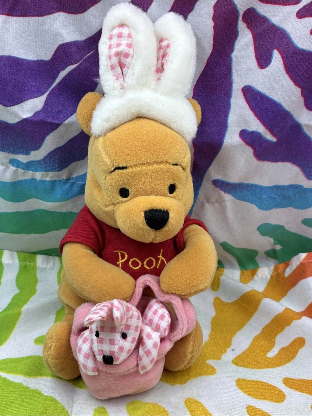 Disney Store Winnie The Pooh 8” Easter Bunny Beanbag Plush W/ Pink Gingham