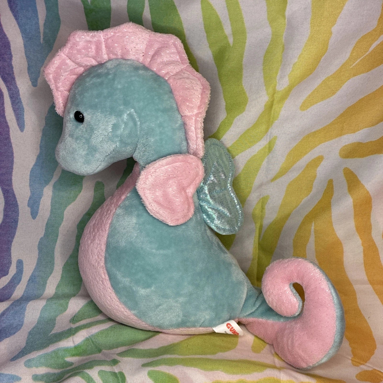 Gund Seahorse 11” Plush Blue Pink Stuffed Animal Sparkly Hearts Coral